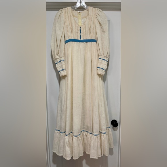 Handmade Dresses & Skirts - Vintage Handmade Ecru Cotton Gunne Sax Style Dress with Blue Velvet Trim